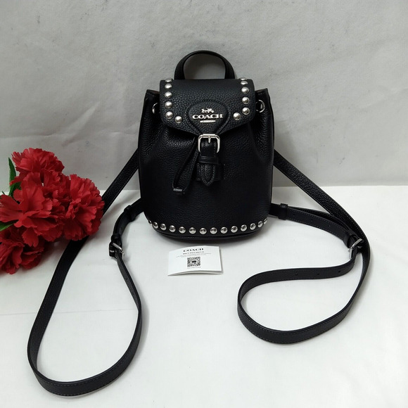 Coach Black Pebbled Leather Studded Drawstring Crossbody Backpack Bag - NWT $450 - Picture 2 of 16
